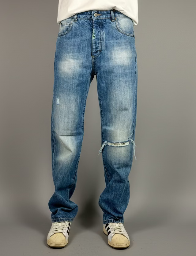 JEANS WIDE coloris BE COOL avec Écusson JE M'EN FOUS