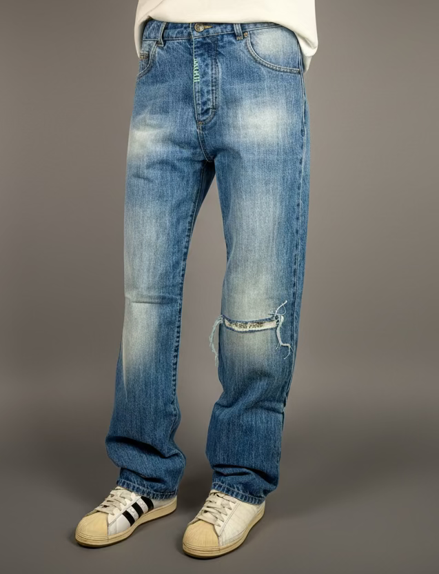 JEANS WIDE coloris BE COOL avec Écusson JE M'EN FOUS
